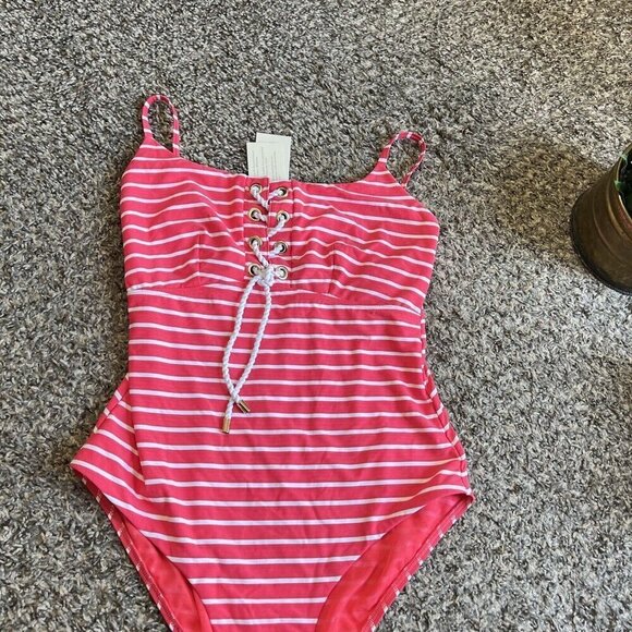 SEA LEVEL SWIM Chamarel Lace-Up Bralette One-Piece Swimsuit Coral Red US 6 New - Picture 4 of 8